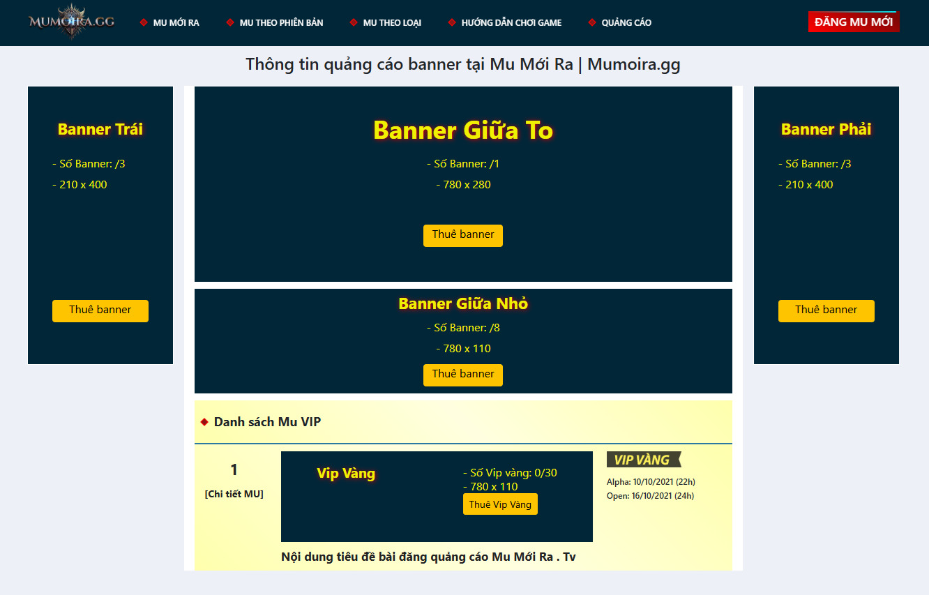 Các vị trí quảng cáo tại website mumoira.gg